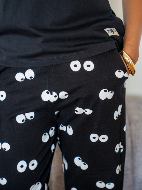 Women summer pajama set Black T-shirt + Eyes Pants